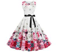 Women Vintage Dress 1950s A Line Swing Cocktail Party Dress Floral Print Sleeveless Retro Tank Dresses Swing Flowy Tea Dress Audrey Hepburn 50s 60s Dance Gown with Belt