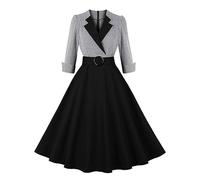 Women Vintage Dress 1950s Audrey Hepburn Dress A Line Swing Cocktail Party Dresses Plain Short Sleeve Button V Neck Retro Dresses Swing Flowy Tea Dress 50s 60s Dance Gown with Pocket Belt