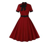 Women Vintage Dress 1950s Audrey Hepburn Dress A Line Swing Cocktail Party Dresses Plain Short Sleeve Button V Neck Retro Dresses Swing Flowy Tea Dress 50s 60s Dance Gown with Pocket Belt