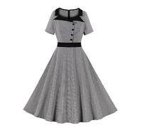 Women Vintage Dress 1950s Audrey Hepburn Dress A Line Swing Cocktail Party Dresses Plain Short Sleeve Button V Neck Retro Dresses Swing Flowy Tea Dress 50s 60s Dance Gown with Pocket Belt