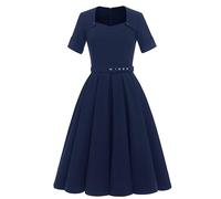 Women Vintage Dress 1950s Audrey Hepburn Dress A Line Swing Cocktail Party Dresses Plain Short Sleeve Button V Neck Retro Dresses Swing Flowy Tea Dress 50s 60s Dance Gown with Pocket Belt