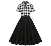 Women Vintage Dress 1950s Audrey Hepburn Dress A Line Swing Cocktail Party Dresses Plain Short Sleeve Button V Neck Retro Dresses Swing Flowy Tea Dress 50s 60s Dance Gown with Pocket Belt