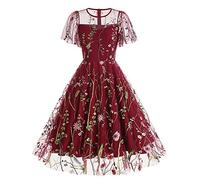 Women Vintage Dress 1950s Short Sleeve/Sleeveless Mesh Patchwork Cocktail Swing Dress Floral Embroidery Flare A-line Dress Rockabilly Retro Wedding Guest 50's 60's Party Skater Dance Evening Prom Gown