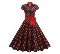 Women Vintage Dress UK High Collar Short Sleeve Polka Dot Print Dress with Belt Audrey Hepburn 50s 60s Dance Gown A Line Swing Cocktail Party Dress Half Sleeve Elegant Retro Pleated Tea Dress Wine