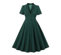 Women Vintage Dress UK Sale Clearance 1950s Audrey Hepburn A Line Swing Cocktail Party Dresses Plain Short Sleeve Button V Neck Retro Flowy Tea Dress 60s Dance Gown with Pocket Belt