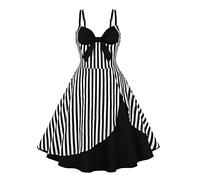 Women Vintage Dresses 1950s Rockabilly Retro Pin Up Striped/Checked/Floral Sleeveless Adjustable Straps Sweetheart Neck Bowknot Party Cocktail Wedding Swing A-Line Knee Length White+Black L