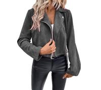 Women Vintage Faux Suede Jacket Zip Up Moto Biker Coat Classic Plain Motorcycle Jackets Western Casual Bomber Jacket Turn Down Collar Motorbike Outwear Ladies Short Coats Streetwear