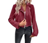 Women Vintage Faux Suede Jacket Zip Up Moto Biker Coat Classic Plain Motorcycle Jackets Western Casual Bomber Jacket Turn Down Collar Motorbike Outwear Ladies Short Coats Streetwear