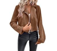 Women Vintage Faux Suede Jacket Zip Up Moto Biker Coat Classic Plain Motorcycle Jackets Western Casual Bomber Jacket Turn Down Collar Motorbike Outwear Ladies Short Coats Streetwear