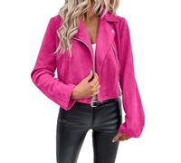 Women Vintage Faux Suede Jacket Zip Up Moto Biker Coat Classic Plain Motorcycle Jackets Western Casual Bomber Jacket Turn Down Collar Motorbike Outwear Ladies Short Coats Streetwear
