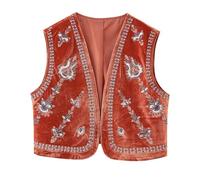 Women Vintage Floral Embroidered Vest Y2k Sleeveless Open Front Waistcoat Boho French Short V Neck Beaded Embroidered Velvet Vest Top