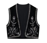 Women Vintage Floral Embroidered Vest Y2k Sleeveless Open Front Waistcoat Boho French Short V Neck Beaded Embroidered Velvet Vest Top (1A-Black, M)