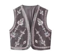 Women Vintage Floral Embroidered Vest Y2k Sleeveless Open Front Waistcoat Boho French Short V Neck Beaded Embroidered Velvet Vest Top