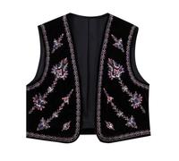 Women Vintage Floral Embroidered Vest Y2k Sleeveless Open Front Waistcoat Boho French Short V Neck Beaded Embroidered Velvet Vest Top