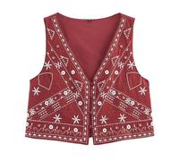 Women Vintage Floral Embroidered Vest Y2k Sleeveless Open Front Waistcoat Boho French Short V Neck Beaded Embroidered Velvet Vest Top