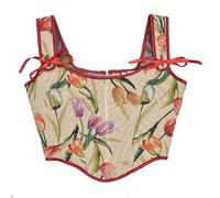 Women Vintage Floral Print Vest Flower Embroidery Pattern Tight Drawstring Tie-up Tank Bustier Corset