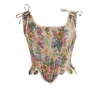 Women Vintage Floral Print Vest Flower Embroidery Pattern Tight Drawstring Tie-up Tank Bustier Corset