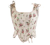 Women Vintage Floral Print Vest Flower Embroidery Pattern Tight Drawstring Tie-up Tank Bustier Corset