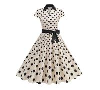 Women Vintage High Collar Half Sleeve Polka Dot Print Dress With Belt - Audrey Hepburn 50s 60s A Line Swing Cocktail Party Dance Gown - Elegant Retro Pleated Tea