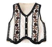 Women Vintage Hollow-Out Crochet Knit Sleeveless Vest Waistcoat Button Up Diamond Floral Loose Crop Cardigan Top