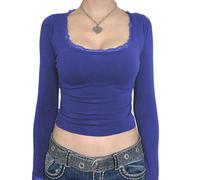 Women Vintage Lace Patchwork Shirt Y2k Square Neck Long Sleeve Crop Top Basic Slim Fit Workout Tees Streetwear (Dark Blue, L)