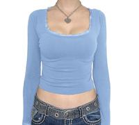 Women Vintage Lace Patchwork Shirt Y2k Square Neck Long Sleeve Crop Top Basic Slim Fit Workout Tees Streetwear (Blue, M)