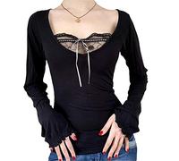 Women Vintage Lace Patchwork Shirt Y2k Square Neck Long Sleeve Crop Top Basic Slim Fit Workout Tees Streetwear (Black-a, S)