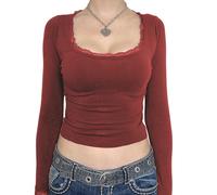 Women Vintage Lace Patchwork Shirt Y2k Square Neck Long Sleeve Crop Top Basic Slim Fit Workout Tees Streetwear (Red, M)