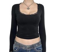 Women Vintage Lace Patchwork Shirt Y2k Square Neck Long Sleeve Crop Top Basic Slim Fit Workout Tees Streetwear (Black, S)