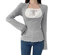 Women Vintage Lace Patchwork Shirt Y2k Square Neck Long Sleeve Crop Top Basic Slim Fit Workout Tees Streetwear (Gray-a, M)