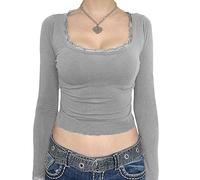 Women Vintage Lace Patchwork Shirt Y2k Square Neck Long Sleeve Crop Top Basic Slim Fit Workout Tees Streetwear (Gray, S)