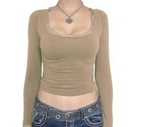Women Vintage Lace Patchwork Shirt Y2k Square Neck Long Sleeve Crop Top Basic Slim Fit Workout Tees Streetwear (Khaki, XL)
