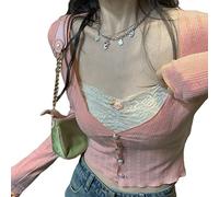 Women Vintage Lace Patchwork Shirt Y2k Square Neck Long Sleeve Crop Top Slim Fit Basic Workout Tees Streetwear (Pink-e, S)
