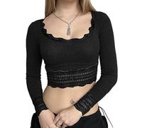 Women Vintage Lace Patchwork Shirt Y2k Square Neck Long Sleeve Crop Top Slim Fit Basic Workout Tees Streetwear (Black-f, S)