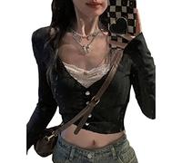 Women Vintage Lace Patchwork Shirt Y2k Square Neck Long Sleeve Crop Top Slim Fit Basic Workout Tees Streetwear (Black-e, S)