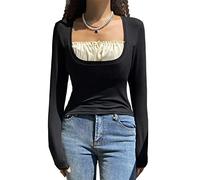Women Vintage Lace Patchwork Shirt Y2k Square Neck Long Sleeve Crop Top Slim Fit Basic Workout Tees Streetwear (Black-d, S)