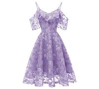 Women Vintage Lace Ruffle Dress Cold Shoulder Spaghetti-Strap Sleeveless V-Neck A-line Skater Swing Dresses for Bridesmaid Wedding Guest Cocktail Party Prom Evening Mid-Long Dresses UK Sale Clearance