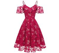 Women Vintage Lace Ruffle Dress Cold Shoulder Spaghetti-Strap Sleeveless V-Neck A-line Skater Swing Dresses for Bridesmaid Wedding Guest Cocktail Party Prom Evening Mid-Long Dresses UK Clearance Wine