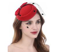 Women Vintage Pillbox Hat Bowknot Veil Hat Side Clip Fascinator Hat Party Headdress Red