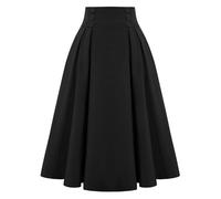 Women Vintage Pleated Skirts Elastic High Waisted A Line Midi Skirts with Button Work Flowy Pleated Skirt Elegant Elastic Waist Flared Basic Uniform Skater Midi Skirt for Women Black