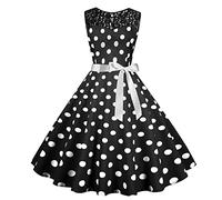Women Vintage Rockabilly Dress 1950s A Line Swing Cocktail Party Dress Lace Sleeveless Polka Dot Retro Dresses Swing Flowy Tea Dress Audrey Hepburn 50s 60s Dance Gown with Belt Black