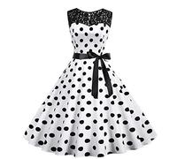 Women Vintage Rockabilly Dress 1950s A Line Swing Cocktail Party Dress Lace Sleeveless Polka Dot Retro Dresses Swing Flowy Tea Dress Audrey Hepburn 50s 60s Dance Gown with Belt White