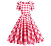 Women Vintage Rockabilly Dress 1950s A Line Swing Cocktail Party Dress Plaid Square Neck Short Sleeve Retro Dresses Swing Flowy Tea Dress Audrey Hepburn 50s 60s Dance Gown with Belt