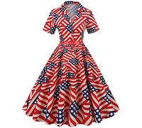 Women Vintage Rockabilly Dress 1950s Cocktail Party A Line Dress Casual Print Button V Neck Short Sleeve Retro Dresses Swing Flowy Tea Dress Audrey Hepburn 50s 60s Dance Gown with Belted Red