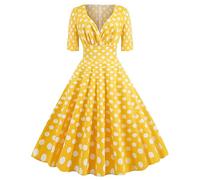 Women Vintage Rockabilly Dress Audrey Hepburn Tea Dress 1950s Fancy Dresses Cocktail Party Evening Dress Polka Dot V Neck Short Sleeve Retro Dresses A Line Swing 50s 60s Dance Gown Yellow