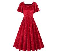 Women Vintage Square Neck Velvet Stretchy Long Dress 80s Fancy Dress Pleated Swing Party Dresses Short Sleeve Sequin Dress Ladies Elegant Wedding Guest Gown Red