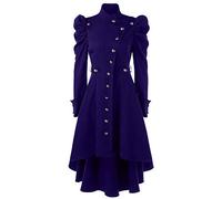 Women Vintage Steampunk Long Coat Gothic Retro Jacket Winter Wool Trench Classic Parka Spring Warm Windbreaker Ladies Long Sleeve Cardigan Top Outerwear Overcoat Plus Size Blue