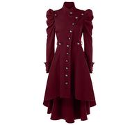Women Vintage Steampunk Long Coat Gothic Retro Jacket Winter Wool Trench Classic Parka Spring Warm Windbreaker Ladies Long Sleeve Cardigan Top Outerwear Overcoat Plus Size Red