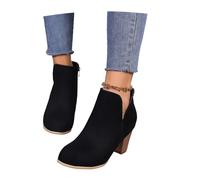 Women Vintage Suede Short Boots 2025 New V-Cut-Out Ankle Boots Autumn Winter Booties With Block Heel Large Size Ankle Shoes With Side Zipper(Black,3.5 UK)