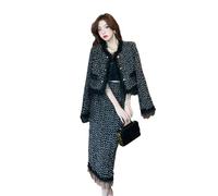 Women Vintage Tweed Two Piece Sets Chic Jacket Coat +Bodycon Long Skirt Skirt Suits Black M